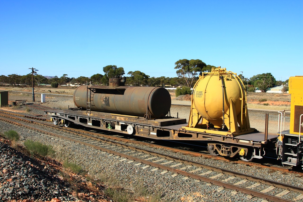 100602 8632
West Kalgoorlie, AZWY 30373 'Sputnik' loco oil and sand waggon, originally built as an WFX type flat waggon by Tomlinson Steel in a batch of one hundred and sixty one in 1969-70. Recoded to WQCX type in 1980 and to WSP type waste oil and sand waggon in 1986.
Keywords: AZWY-type;AZWY30373;Tomlinson-Steel-WA;WFX-type;WQCX-type;WSP-type;