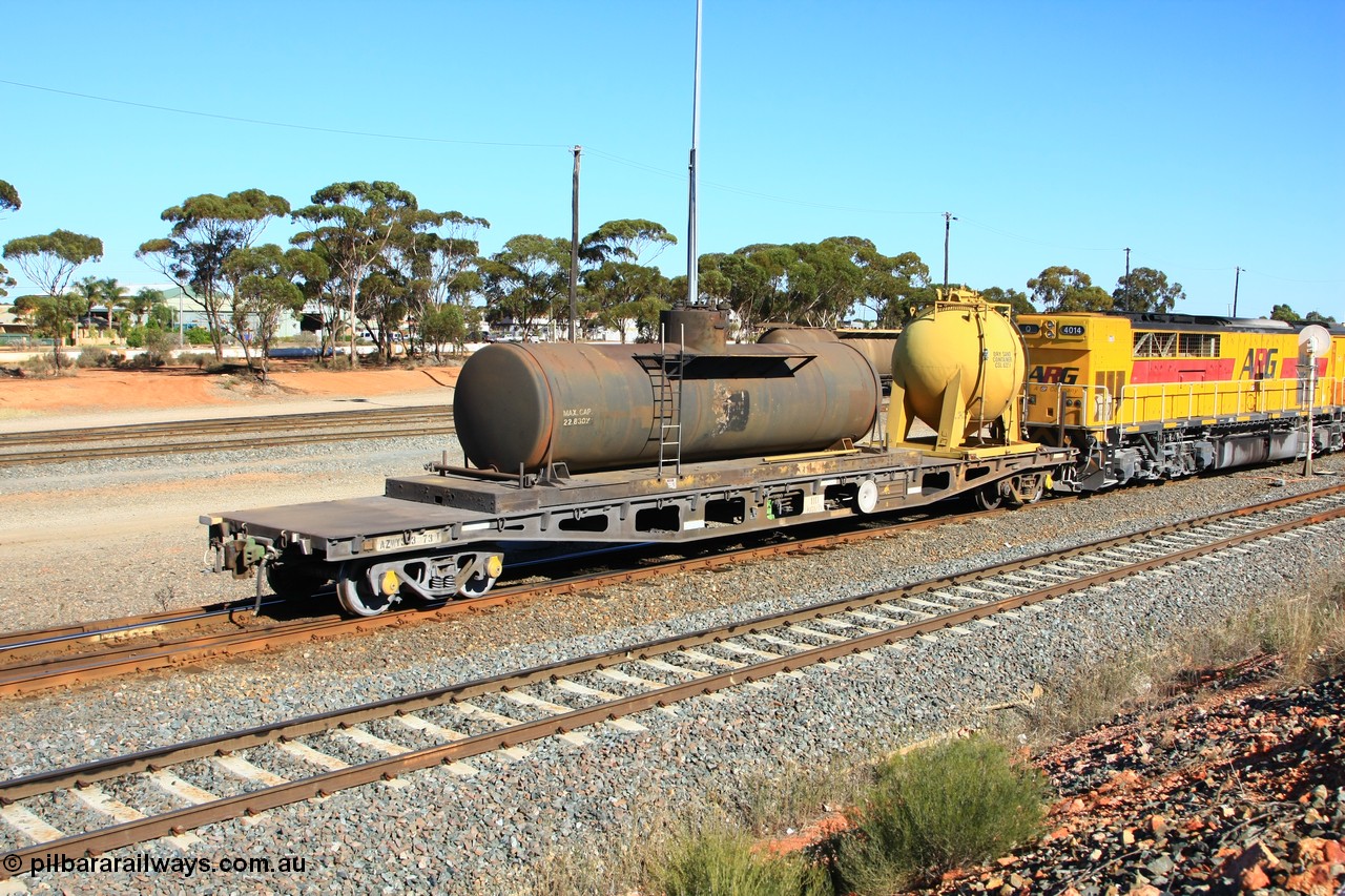 100602 8634
West Kalgoorlie, AZWY 30373 'Sputnik' loco oil and sand waggon, originally built as an WFX type flat waggon by Tomlinson Steel in a batch of one hundred and sixty one in 1969-70. Recoded to WQCX type in 1980 and to WSP type waste oil and sand waggon in 1986.
Keywords: AZWY-type;AZWY30373;Tomlinson-Steel-WA;WFX-type;WQCX-type;WSP-type;