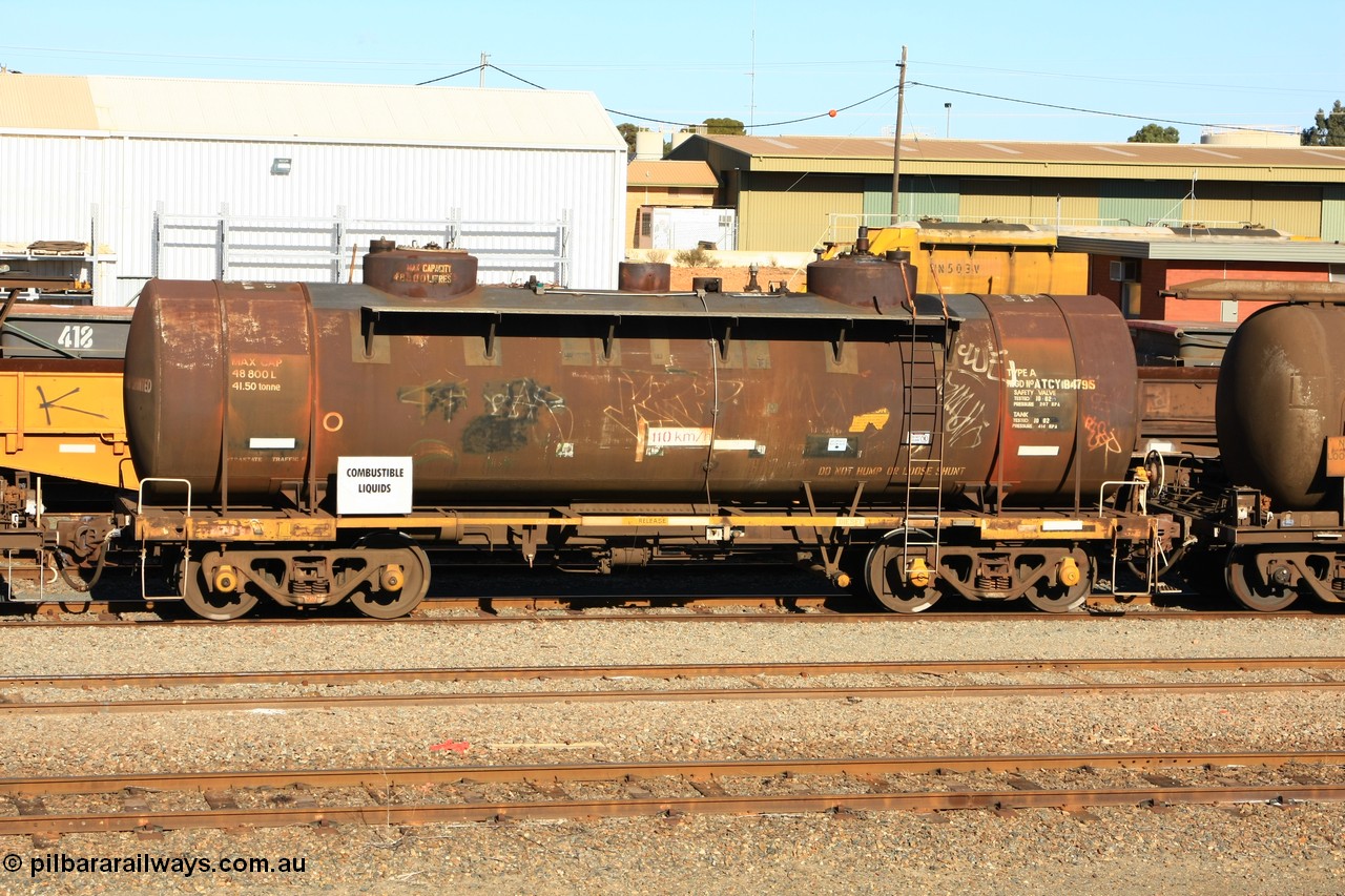 100602 8670
West Kalgoorlie, diesel fuel tanker ATCY 8479 built by Perry Engineering SA for Shell for use by South Australian Railways on broad gauge as Ts type, recoded to ATSL, original capacity of 48800 litres, current diesel capacity it 45000 litres.
Keywords: ATCY-type;ATCY8479;Perry-Engineering-SA;Ts-type;ATSL-type;