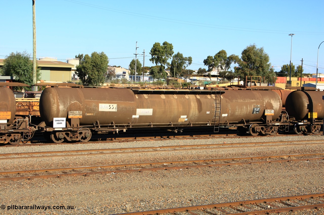 100602 8673
West Kalgoorlie, ATMF 552 fuel tank waggon, one of three built by Tulloch Limited NSW as WJM type in 1971 with a capacity of 96.25 kL one compartment one dome, current capacity of 80500 litres. 551 and 552 for Shell and 553 for BP Oil.
Keywords: ATMF-type;ATMF552;Tulloch-Ltd-NSW;WJM-type;
