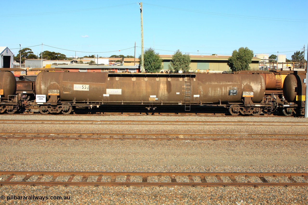 100602 8674
West Kalgoorlie, ATMF 552 fuel tank waggon, one of three built by Tulloch Limited NSW as WJM type in 1971 with a capacity of 96.25 kL one compartment one dome, current capacity of 80500 litres. 551 and 552 for Shell and 553 for BP Oil.
Keywords: ATMF-type;ATMF552;Tulloch-Ltd-NSW;WJM-type;