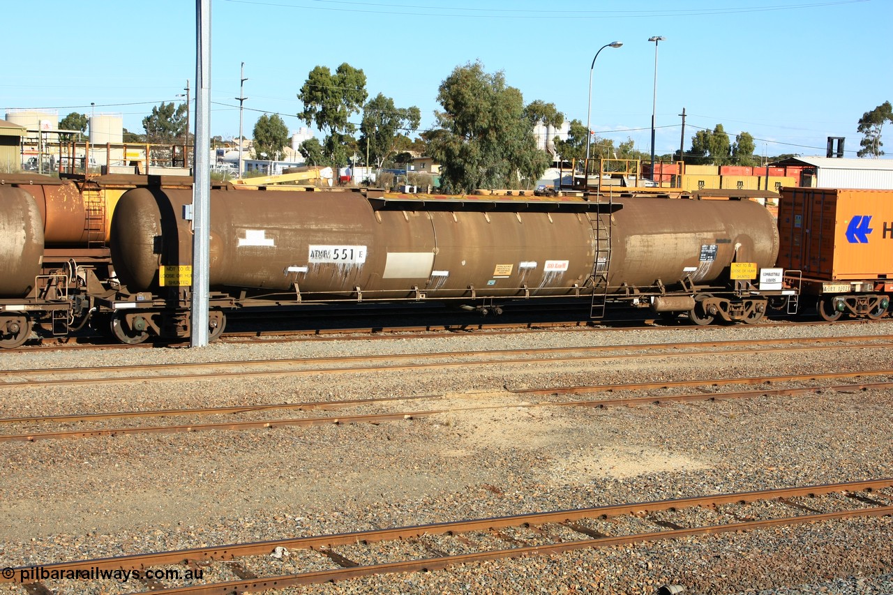 100602 8675
West Kalgoorlie, ATMF 551 fuel tank waggon, one of three built by Tulloch Limited NSW as WJM type in 1971 with a capacity of 96.25 kL one compartment one dome, current capacity of 80500 litres. 551 and 552 for Shell and 553 for BP Oil.
Keywords: ATMF-type;ATMF551;Tulloch-Ltd-NSW;WJM-type;