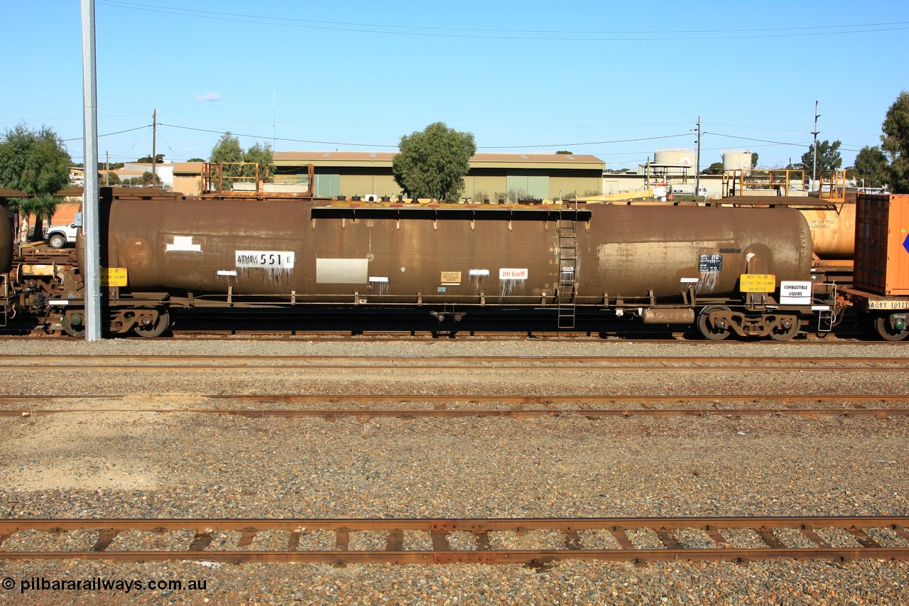 100602 8677
West Kalgoorlie, ATMF 551 fuel tank waggon, one of three built by Tulloch Limited NSW as WJM type in 1971 with a capacity of 96.25 kL one compartment one dome, current capacity of 80500 litres. 551 and 552 for Shell and 553 for BP Oil.
Keywords: ATMF-type;ATMF551;Tulloch-Ltd-NSW;WJM-type;