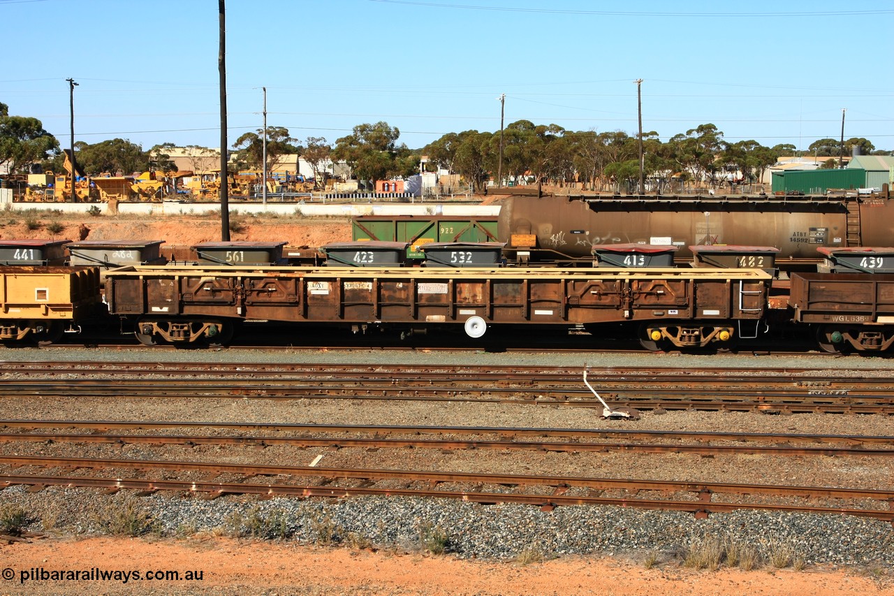 100603 8854
West Kalgoorlie, AOXY 33067, converted to carry nickel matte bulk bags, in WGL traffic. Built by WAGR Midland Workshops in 1969 as part of a batch of one hundred WG type open waggons, reclassed as a group in 1969 to WGX, to WGS for superphosphate traffic then in 1980, in 1988 to WODX, then AOAY type.
Keywords: AOXY-type;AOXY33067;WAGR-Midland-WS;WGX-type;WGS-type;WOAX-type;WODX-type;