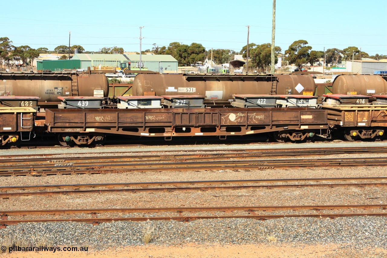 100603 8855
West Kalgoorlie, WGL 636 originally one of ten units built by Westrail Midland Workshops in 1976 as WFN type bogie flat waggon for Western Mining Corporation for nickel matte kibble traffic as WFN 608 and converted to WGL for bagged nickel matte in 1979.
Keywords: WGL-type;WGL636;Westrail-Midland-WS;WFN-type;