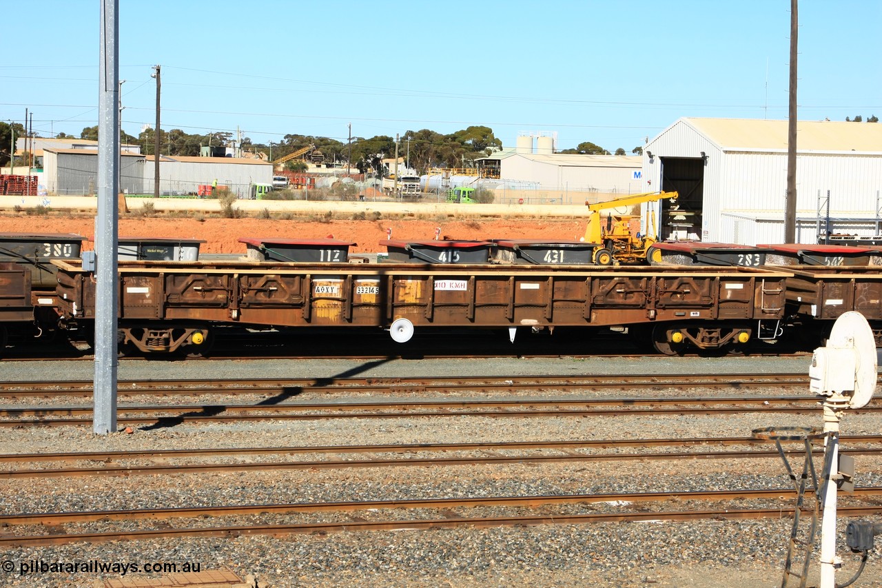 100603 8860
West Kalgoorlie, AOXY 33214, converted to carry nickel matte bulk bags, in WGL traffic. Built by WAGR Midland Workshops in 1973 as part of a batch of twenty five WGX type open waggons, in 1981 to WOAX, then AOAY type.
Keywords: AOXY-type;AOXY33214;WAGR-Midland-WS;WGX-type;WOAX-type;