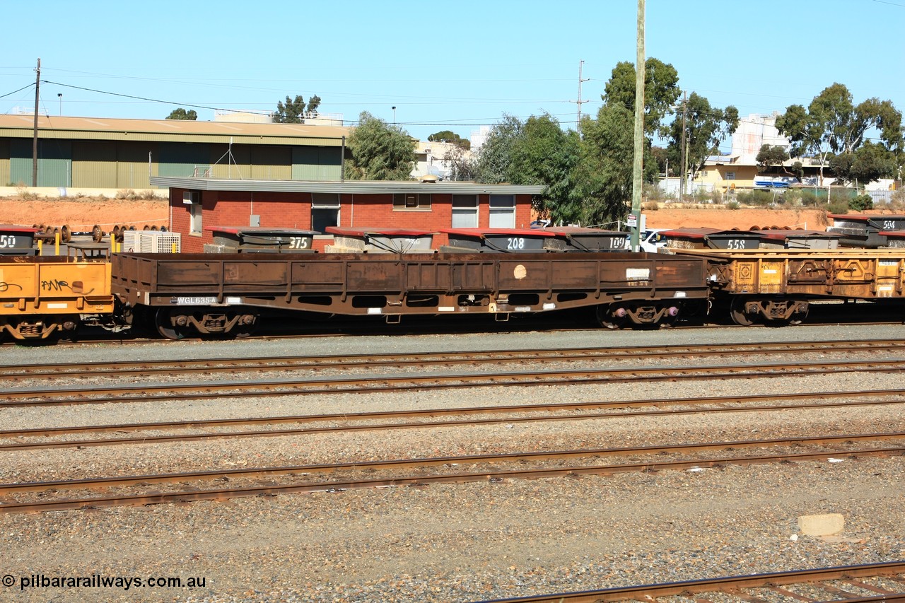 100603 8863
West Kalgoorlie, WGL 635 originally one of ten units built by Westrail Midland Workshops in 1976 as WFN type bogie flat waggon for Western Mining Corporation for nickel matte kibble traffic as WFN 605 and converted to WGL for bagged nickel matte in 1979.
Keywords: WGL-type;WGL635;Westrail-Midland-WS;WFN-type;