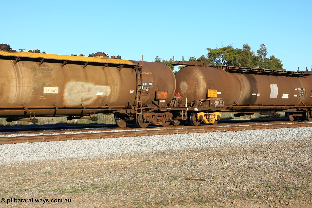 100609 09999
Midland, ATKY 516 fuel tank waggon built by Tulloch Ltd NSW in 1971 along with sister 515 for BP Oil as WJK type 93,000 litres three compartment and three domes, recoded to WJKY.
Keywords: ATKY-type;ATKY516;Tulloch-Ltd-NSW;WJK-type;WJKY-type;