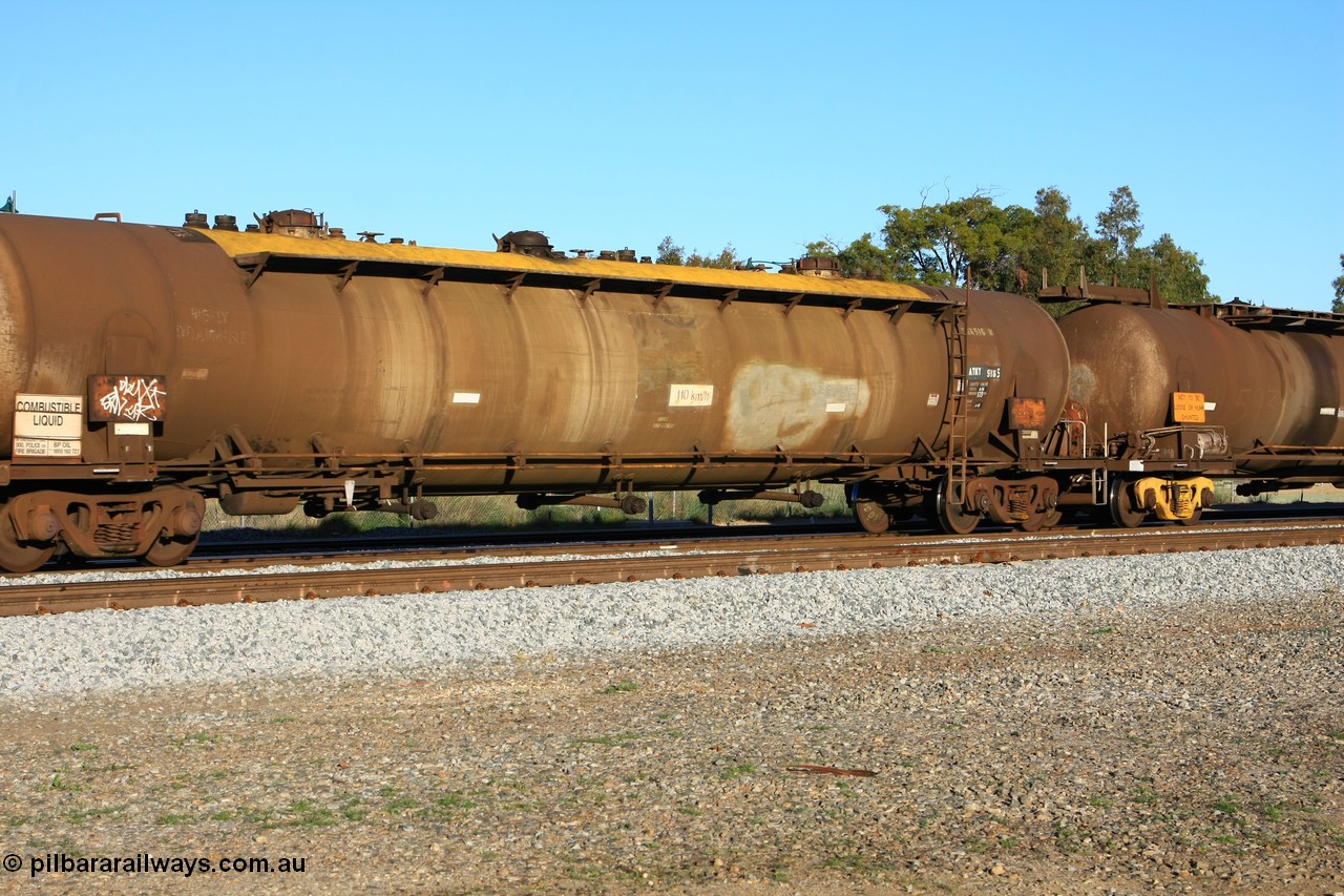 100609 10001
Midland, ATKY 516 fuel tank waggon built by Tulloch Ltd NSW in 1971 along with sister 515 for BP Oil as WJK type 93,000 litres three compartment and three domes, recoded to WJKY.
Keywords: ATKY-type;ATKY516;Tulloch-Ltd-NSW;WJK-type;WJKY-type;