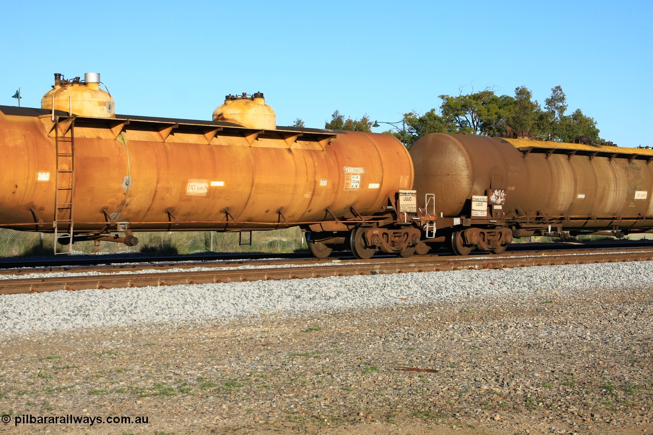 100609 10002
Midland, ATTY 30675 fuel tank waggon, last one of five built by AE Goodwin NSW in 1970/71 as WST type, recoded to WSTY and then ATTY. 78600 litre capacity.
Keywords: ATTY-type;ATTY30675;AE-Goodwin;WST-type;WSTY-type;