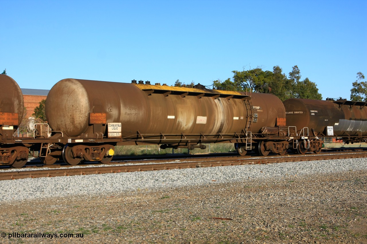 100609 10006
Midland, ATPY 588 fuel tank waggon, built by Westrail Midland Workshops in 1979 for Mobil as WJP type 80,000 litre single compartment and dome, recoded to WJPY, sold to BP Oil in 1985.
Keywords: ATPY-type;ATPY588;WAGR-Midland-WS;WJP-type;WJPY-type;