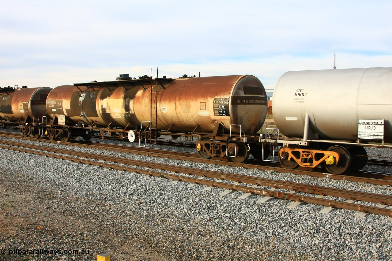 100611 0384
Midland, ATEY 4724 diesel fuel tank waggon in service for BP Oil, former NSW AMPOL NTAF tank, coded WTEY when arrived in WA.
Keywords: ATEY-type;ATEY4724;NTAF-type;WTEY-type;