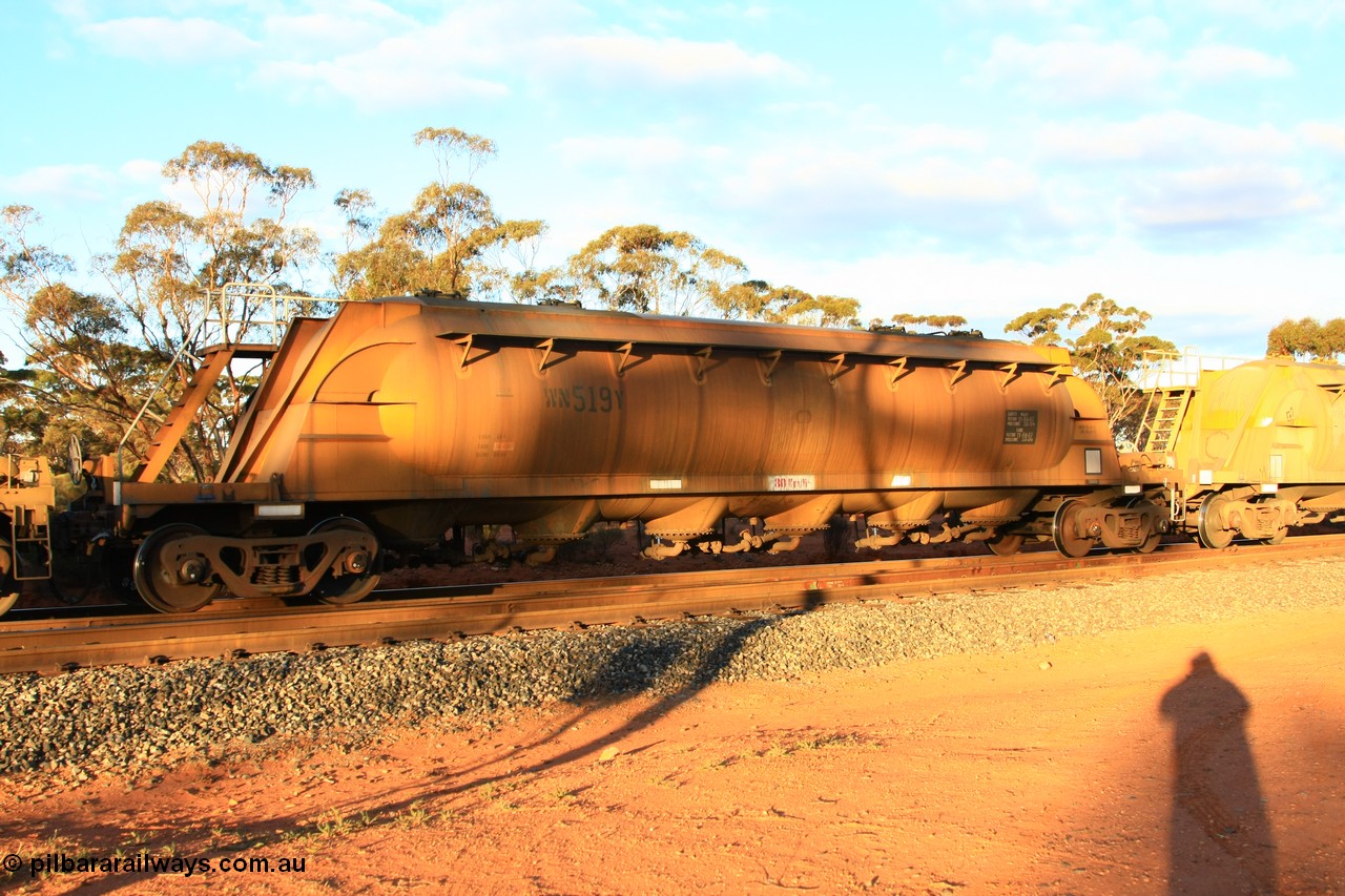 100731 3191
Binduli, WN 519, pneumatic discharge nickel concentrate waggon, one of thirty built by AE Goodwin NSW as WN type in 1970 for WMC.
Keywords: WN-type;WN519;AE-Goodwin;