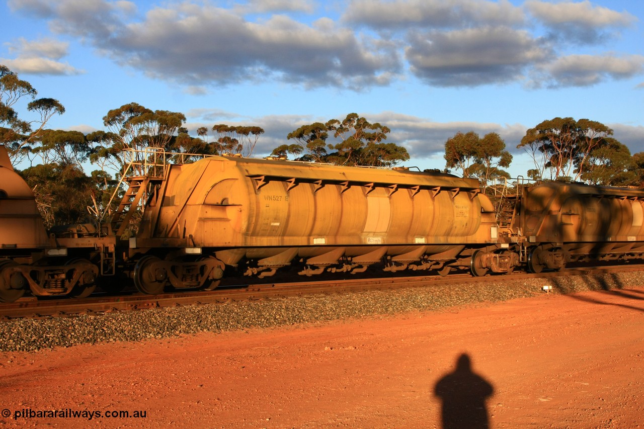 100731 3198
Binduli, WN 527, pneumatic discharge nickel concentrate waggon, one of thirty built by AE Goodwin NSW as WN type in 1970 for WMC.
Keywords: WN-type;WN527;AE-Goodwin;