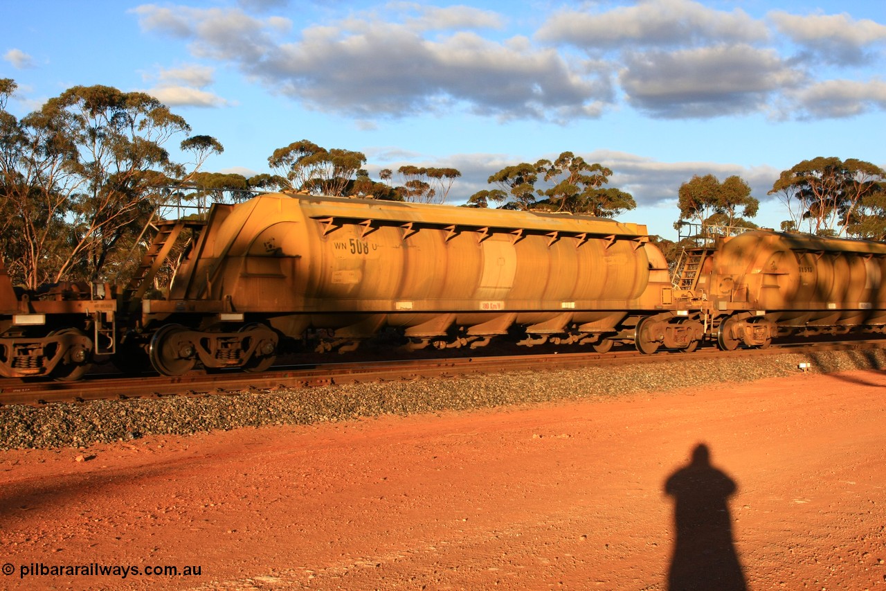 100731 3207
Binduli, WN 508, pneumatic discharge nickel concentrate waggon, one of thirty built by AE Goodwin NSW as WN type in 1970 for WMC.
Keywords: WN-type;WN508;AE-Goodwin;