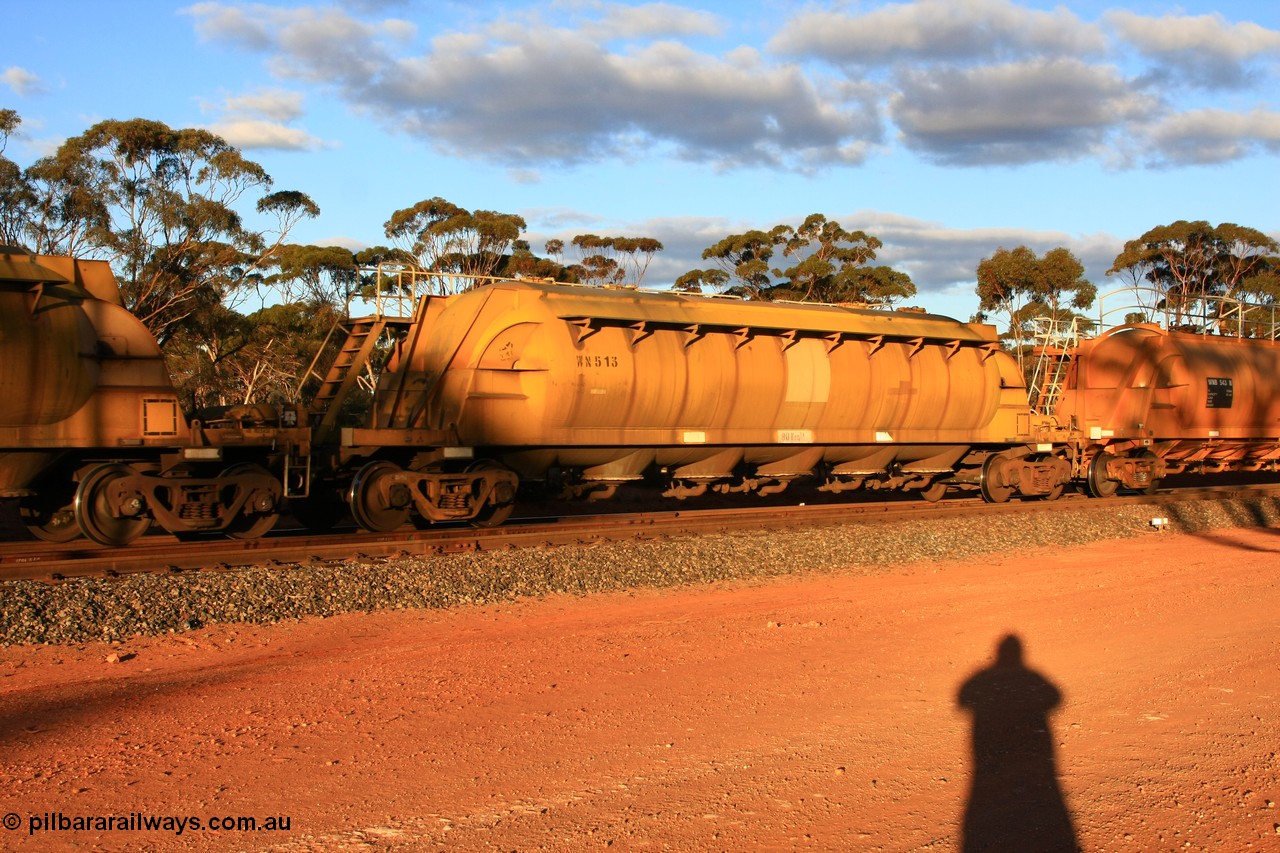 100731 3208
Binduli, WN 513, pneumatic discharge nickel concentrate waggon, one of thirty built by AE Goodwin NSW as WN type in 1970 for WMC.
Keywords: WN-type;WN513;AE-Goodwin;