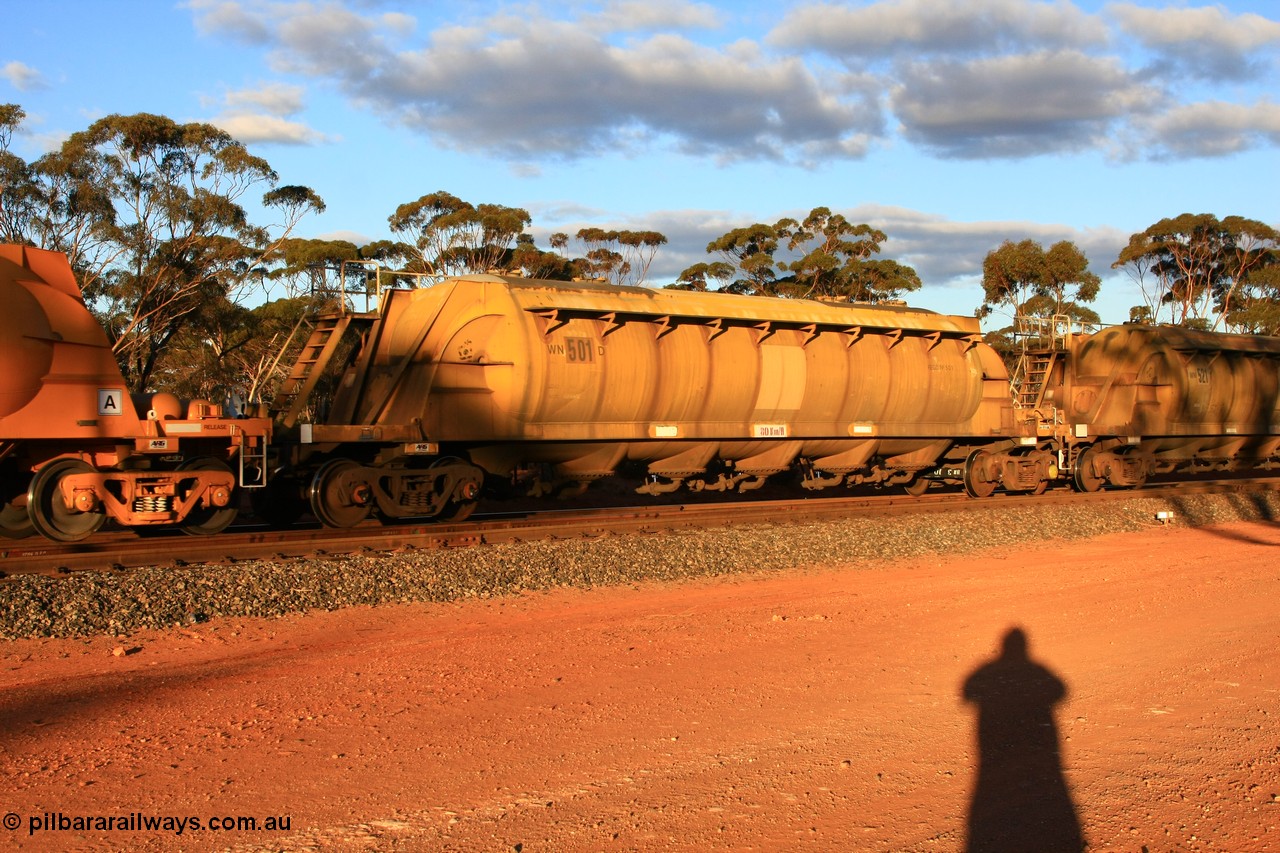100731 3210
Binduli, WN 501, pneumatic discharge nickel concentrate waggon, type leader of thirty built by AE Goodwin NSW as WN type in 1970 for WMC.
Keywords: WN-type;WN501;AE-Goodwin;