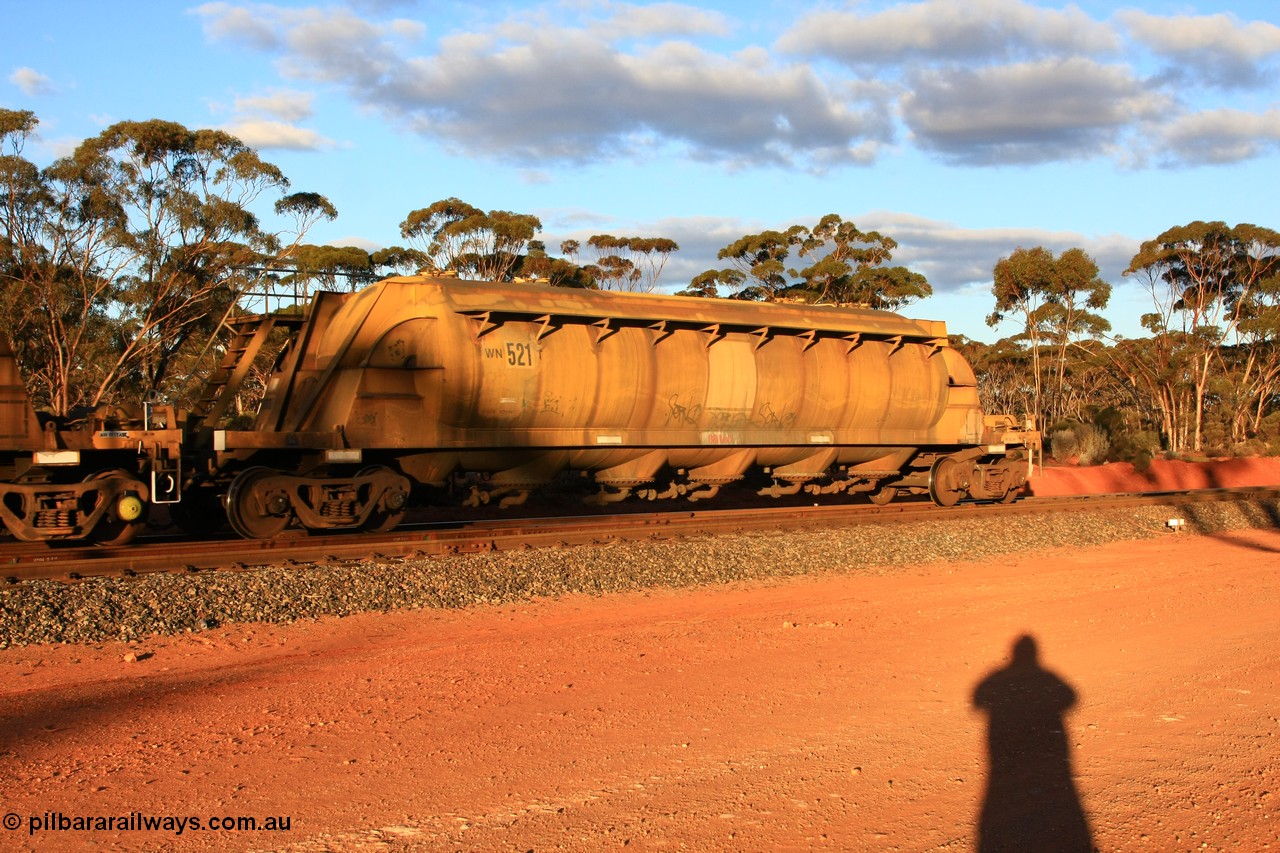 100731 3211
Binduli, WN 521, pneumatic discharge nickel concentrate waggon, one of thirty built by AE Goodwin NSW as WN type in 1970 for WMC.
Keywords: WN-type;WN521;AE-Goodwin;