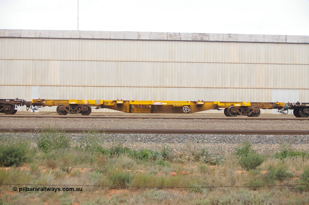 110710 7421 PD
West Kalgoorlie, AQAY 2273, this orphan waggon started life as a Comeng Vic built GOX type open waggon for Commonwealth Railways in 1970, then coded AOOX. Under AWR ownership is was reduced to this 3 TEU unit container skeletal waggon. Peter Donaghy image.
Keywords: Peter-D-Image;AQAY-type;AQAY2273;Comeng-Vic;GOX-type;AOOX-type;ROOX-type;ROKX-type;