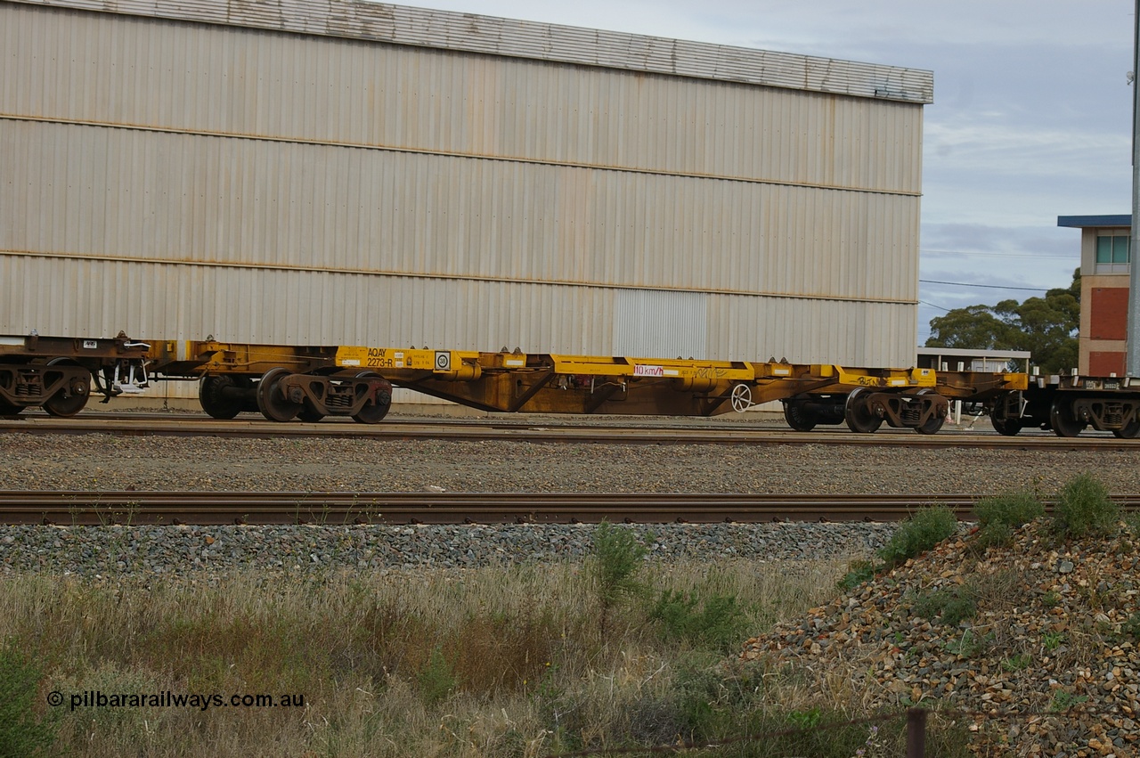 110710 7431 PD
West Kalgoorlie, AQAY 2273, this orphan waggon started life as a Comeng Vic built GOX type open waggon for Commonwealth Railways in 1970, then coded AOOX. Under AWR ownership is was reduced to this 3 TEU unit container skeletal waggon. Peter Donaghy image.
Keywords: Peter-D-Image;AQAY-type;AQAY2273;Comeng-Vic;GOX-type;AOOX-type;ROOX-type;ROKX-type;