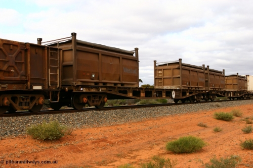 060527 4096
Scotia, AQCY 30348 container waggon, originally built by Tomlinson Steel WA as WFX type in 1970 from a batch of one hundred and sixty one waggons, to narrow gauge as QWF type in 1970, back to SG in 1972 as WFX, recoded in 1979 to WQCX type. With two COR type nickel residue containers with modified tops, COR 5818 and another.
Keywords: AQWY-type;AQWY30348;Tomlinson-Steel-WA;WFX-type;QWF-type;WQCX-type;