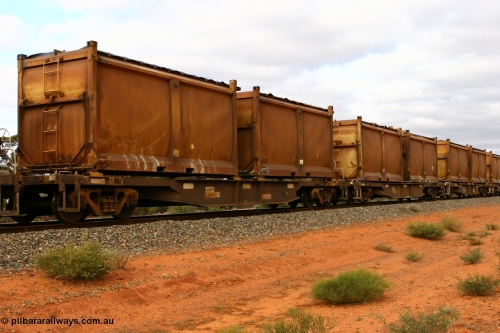 060527 4106
Scotia, AQNY 32204, one of sixty two waggons built by Goninan WA in 1998 as WQN type for Murrin Murrin container traffic, with sulphur skips S39J and S31G both with original style doors and sliding tarpaulins, train 6029 loaded Malcolm freighter.
Keywords: AQNY-type;AQNY32204;Goninan-WA;WQN-type;