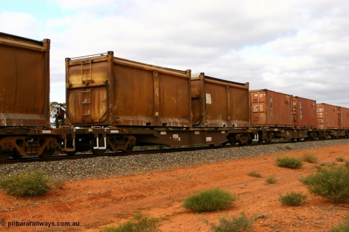060527 4113
Scotia, AQNY 32191, one of sixty two waggons built by Goninan WA in 1998 as WQN type for Murrin Murrin container traffic, with sulphur skips S41Y and S84E with original doors and modified tops with tarpaulins, train 6029 loaded Malcolm freighter.
Keywords: AQNY-type;AQNY32191;Goninan-WA;WQN-type;