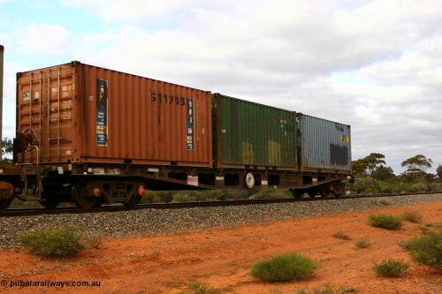 060527 4118
Scotia, AQCY 30390 container waggon, originally built by Tomlinson Steel WA as WFX type in 1970 from a batch of one hundred and sixty one waggons, recoded to WQCX type in 1980 with three 20' containers.
Keywords: AQCY-type;AQCY30390;Tomlinson-Steel-WA;WFX-type;WQCX-type;