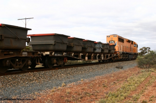 060527 4129
Scotia, WQTY 30419 flat waggon, originally built by Tomlinson Steel WA as WFX type in 1970 from a batch of one hundred and sixty one waggons, recoded to WQCX type in 1980, then WQC type before recoded back the WQCX in 1982, then current code in 1996. Seen here carrying six loaded nickel ore kibbles.
Keywords: WQTY-type;WQTY30419;Tomlinson-Steel-WA;WFX-type;WQCX-type;WQC