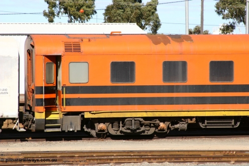 060528 4445
West Kalgoorlie, ECA 98 a former Commonwealth Railways ARF type first class air conditioned sleeper with rounded observation end built by Wegmann and delivered in 1956, converted to BB type with observation end removed in August 1972, converted to crew car in 1991. Handbrake end.
Keywords: ECA-type;ECA98;Wegmann-&-Co-West-Germany;ARF-type;ARF98;BB-type;BB98;