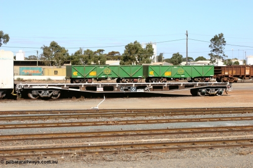 060528 4449
West Kalgoorlie, WQTY 30337 built by Tomlinson Steel WA in a batch of one hundred and sixty one WFX type container flat waggons, from 1970 it spent a couple of years on the narrow gauge as QWF type. In 1980 re-coded to WQCX and then in 1996 to WQTY.
Keywords: WQTY-type;WQTY30337;Tomlinson-Steel-WA;QWF-type;WFX-type;WQCX-type;