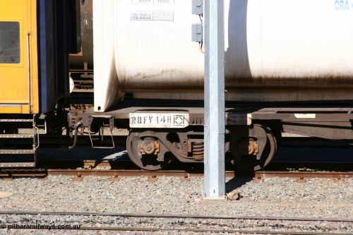 060528 4519
West Kalgoorlie, RQFY 14 number board detail, built by Victorian Railways Bendigo workshops in April 1978 in a batch of forty QMX type skeletal container waggons, in July 1980 re-coded to VQFX, in October 1994 re-coded to RQFX and 2CM bogies fitted.
Keywords: RQFY-type;RQFY14;Victorian-Railways-Bendigo-WS;QMX-type;VQFX-type;