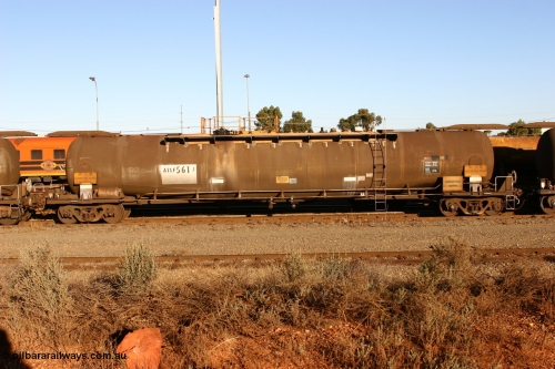 060528 4641 ATLF561J
West Kalgoorlie, ATLF 561 fuel tank waggon, built by WAGR Midland Workshops 1973 for Shell as type WJL 86,490 litres, one compartment one dome with a safe fill capacity of 80,500 litres.
Keywords: ATLF-type;ATLF561;WAGR-Midland-WS;WJL-type;