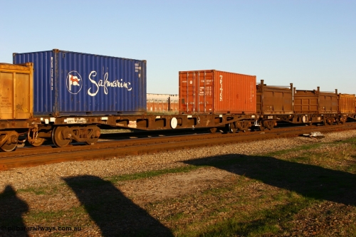 060603 5249
Midland, AQCY 30442 container waggon originally built by Tomlinson Steel WA as WFX type in 1970 from a batch of one hundred and sixty one waggons, recoded to WQCX type in 1980 with two 20' 22G1 type containers Safmarine MSKU 336628 and Triton TTNU 387869.
Keywords: AQCY-type;AQCY30442;Tomlinson-Steel-WA;WFX-type;WQCX-type;