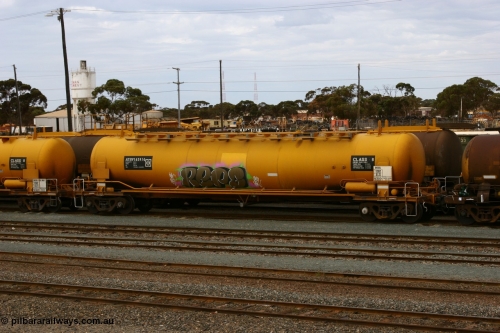 070526 9053
West Kalgoorlie, ATBY 14591 fuel tank waggon built by Westrail Midland Workshops in a batch of nine in 1981 for Bain Leasing Pty Ltd as type JPB, 82,000 litres but 14591 was issued to standard gauge as WJPB type, in 1985 it was converted to narrow gauge as JPBA type.
Keywords: ATBY-type;ATBY14591;Westrail-Midland-WS;WJPB-type;JPBA-type;