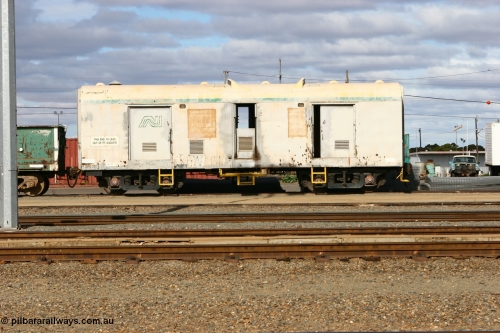 070527 9223
West Kalgoorlie, OPC 397, originally built by South Australian Railways Islington Workshops in 1963 as an 8300 class brake van numbered 8349 on broad gauge, recoded in 1982 to AVAY 50, to standard gauge in Feb 1983 as AVAY 397, converted to AZXP accident van in Feb 1986 and then in Feb 1993 recoded to OPC.
Keywords: OPC-type;OPC397;SAR-Islington-WS;8300-type;8349;AVAY-type;AVAY50;AZXP-type;