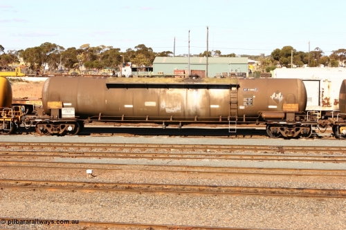 070529 9404
West Kalgoorlie, ATPY 602, fuel tanker, built by WAGR Midland Workshops in 1976 as WJP class for BP Oil, capacity of 80500 litres.
Keywords: APTY-type;ATPY602;Westrail-Midland-WS;WJP-type;WJPY-type;