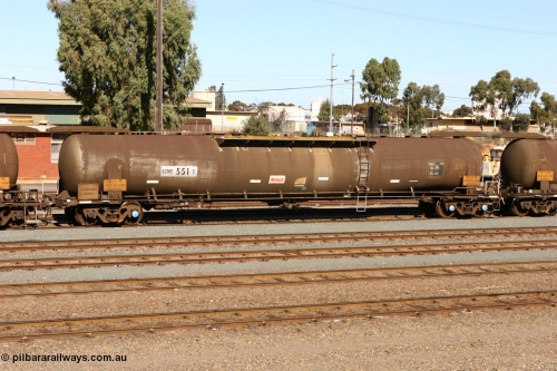 070529 9420
West Kalgoorlie, ATMF 551 fuel tank waggon, one of three built by Tulloch Limited NSW as WJM type in 1971 with a capacity of 96.25 kL one compartment one dome, current capacity of 80500 litres. 551 and 552 for Shell and 553 for BP Oil.
Keywords: ATMF-type;ATMF551;Tulloch-Ltd-NSW;WJM-type;
