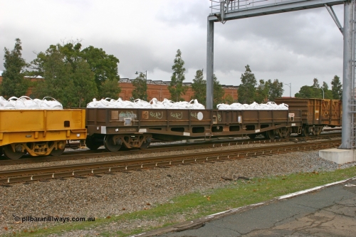 070608 0082
Midland, WGL 632 originally one of three units built by Westrail Midland Workshops in 1976-7 as WGL type bogie flat waggon for Western Mining Corporation for bagged nickel matte traffic.
Keywords: WGL-type;WGL632;Westrail-Midland-WS;