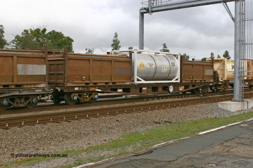 070608 0103
Midland, AQCY 31050, built by Centrecon Ltd WA in 1981 in a batch of thirty five WFA type container waggons, another eighteen were also built by Westrail. Recoded to WQCY 1987, then RHQY and back to WQCY in 1995. Loaded with two Westrail COR roll top containers COR 5868 and COR 5888 and a 20' ISO Tank Containers Australia tanktainer TCAU 121002 with ammonium nitrate emulsion.
Keywords: AQCY-type;AQCY31050;Centrecon-Ltd-WA;WFA-type;WQCY-type;RHQY-type;