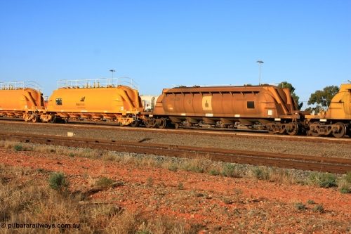 100601 8471
West Kalgoorlie, pneumatic discharge nickel concentrate waggons WN 540 final of a further ten units built by WAGR Midland Workshops as WN type in 1975 for WMC and WNB 543 one of six units built by Bluebird Rail Services SA in 2010 for BHP Billiton.
Keywords: WN-type;WN540;WAGR-Midland-WS;