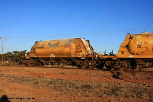 100601 8520
Parkeston, APNY 31154, one of twelve units built by WAGR Midland Workshops in 1974 as WNA type pneumatic discharge nickel concentrate waggon, WAGR units built and owned copies of the AE Goodwin units built WN waggons for WMC.
Keywords: APNY-type;APNY31154;WAGR-Midland-WS;WNA-type;