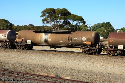 100602 8595
West Kalgoorlie, ATPY 585 fuel tank waggon built by WAGR Midland Workshops in 1976 with 586 for Mobil and coded WJP type, recoded to WJPY, sold to BP Oil in 1985, 80,000 litres one compartment one dome.
Keywords: ATPY-type;ATPY585;WAGR-Midland-WS;WJP-type;WJPY-type;