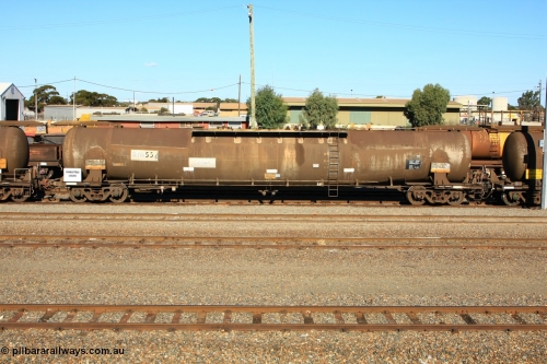 100602 8674
West Kalgoorlie, ATMF 552 fuel tank waggon, one of three built by Tulloch Limited NSW as WJM type in 1971 with a capacity of 96.25 kL one compartment one dome, current capacity of 80500 litres. 551 and 552 for Shell and 553 for BP Oil.
Keywords: ATMF-type;ATMF552;Tulloch-Ltd-NSW;WJM-type;