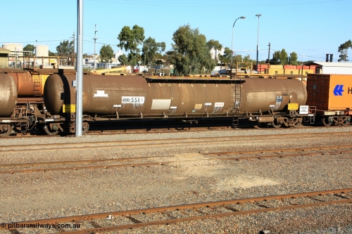 100602 8675
West Kalgoorlie, ATMF 551 fuel tank waggon, one of three built by Tulloch Limited NSW as WJM type in 1971 with a capacity of 96.25 kL one compartment one dome, current capacity of 80500 litres. 551 and 552 for Shell and 553 for BP Oil.
Keywords: ATMF-type;ATMF551;Tulloch-Ltd-NSW;WJM-type;