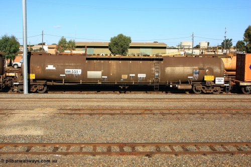100602 8677
West Kalgoorlie, ATMF 551 fuel tank waggon, one of three built by Tulloch Limited NSW as WJM type in 1971 with a capacity of 96.25 kL one compartment one dome, current capacity of 80500 litres. 551 and 552 for Shell and 553 for BP Oil.
Keywords: ATMF-type;ATMF551;Tulloch-Ltd-NSW;WJM-type;