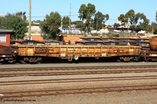 100603 8864
West Kalgoorlie, AOXY 33082, converted to carry nickel matte bulk bags, in WGL traffic. Built by WAGR Midland Workshops in 1969 as part of a batch of one hundred WG type open waggons, reclassed as a group in 1969 to WGX, to WGS for superphosphate traffic then in 1981 to WOAX, then AOAY type. [url=https://pilbararailways.com.au/gallery/displayimage.php?pid=7354]Image here of it as AOAY in 2007[/url].
Keywords: AOXY-type;AOXY33082;WAGR-Midland-WS;WG-type;WGX-type;WGS-type;WOAX-type;AOAY-type;