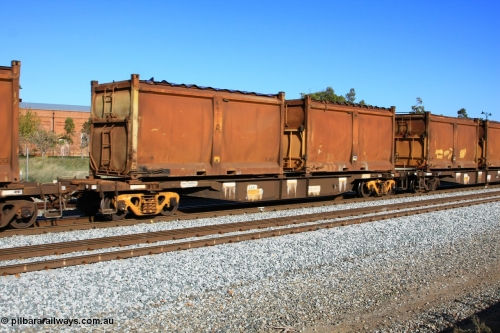 100608 9727
Midland, AQNY 32156, one of sixty two waggons built by Goninan WA in 1998 as WQN type for Murrin Murrin container traffic, with sulphur skips S36F all original and S39J with replacement door but original sliding tarpaulin on train 2430 empty Malcolm freighter.
Keywords: AQNY-type;AQNY32156;Goninan-WA;WQN-type;