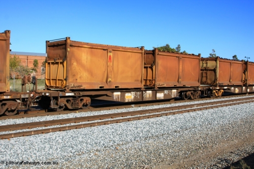 100608 9728
Midland, AQNY 32172, one of sixty two waggons built by Goninan WA in 1998 as WQN type for Murrin Murrin container traffic, with sulphur skips S95V with replacement door and roll top tarpaulin and S70G with replacement door but original sliding tarpaulin on train 2430 empty Malcolm freighter.
Keywords: AQNY-type;AQNY32172;Goninan-WA;WQN-type;