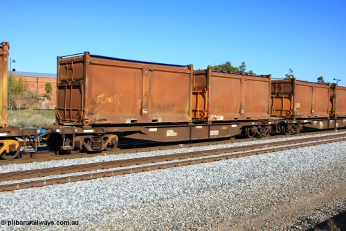100608 9730
Midland, AQNY 32194, one of sixty two waggons built by Goninan WA in 1998 as WQN type for Murrin Murrin container traffic, with sulphur skips S89D with replacement door and roll top tarpaulin and S197A with replacement door but original sliding tarpaulin on train 2430 empty Malcolm freighter.
Keywords: AQNY-type;AQNY32194;Goninan-WA;WQN-type;